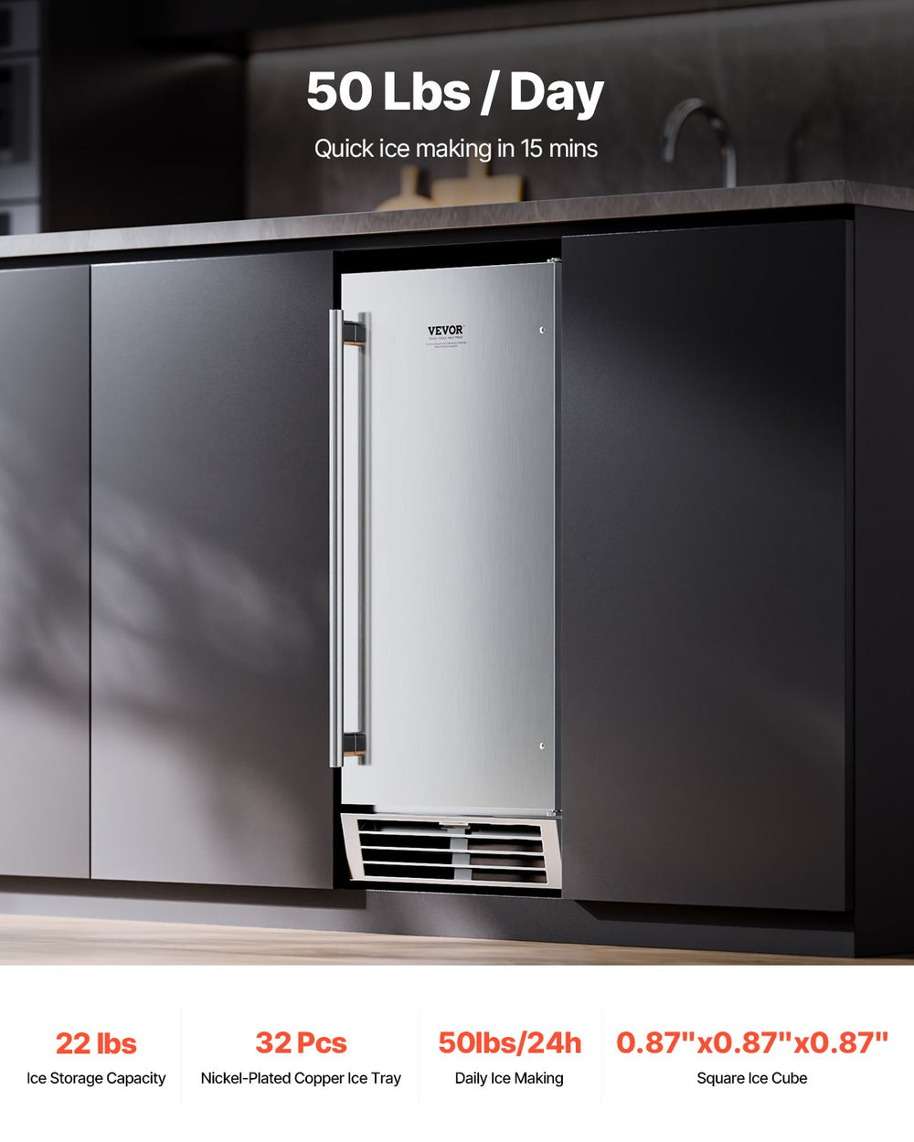 Vevor Undercounter Ice Maker 50 Lbs/Day with Reversible Door Stainless Steel New