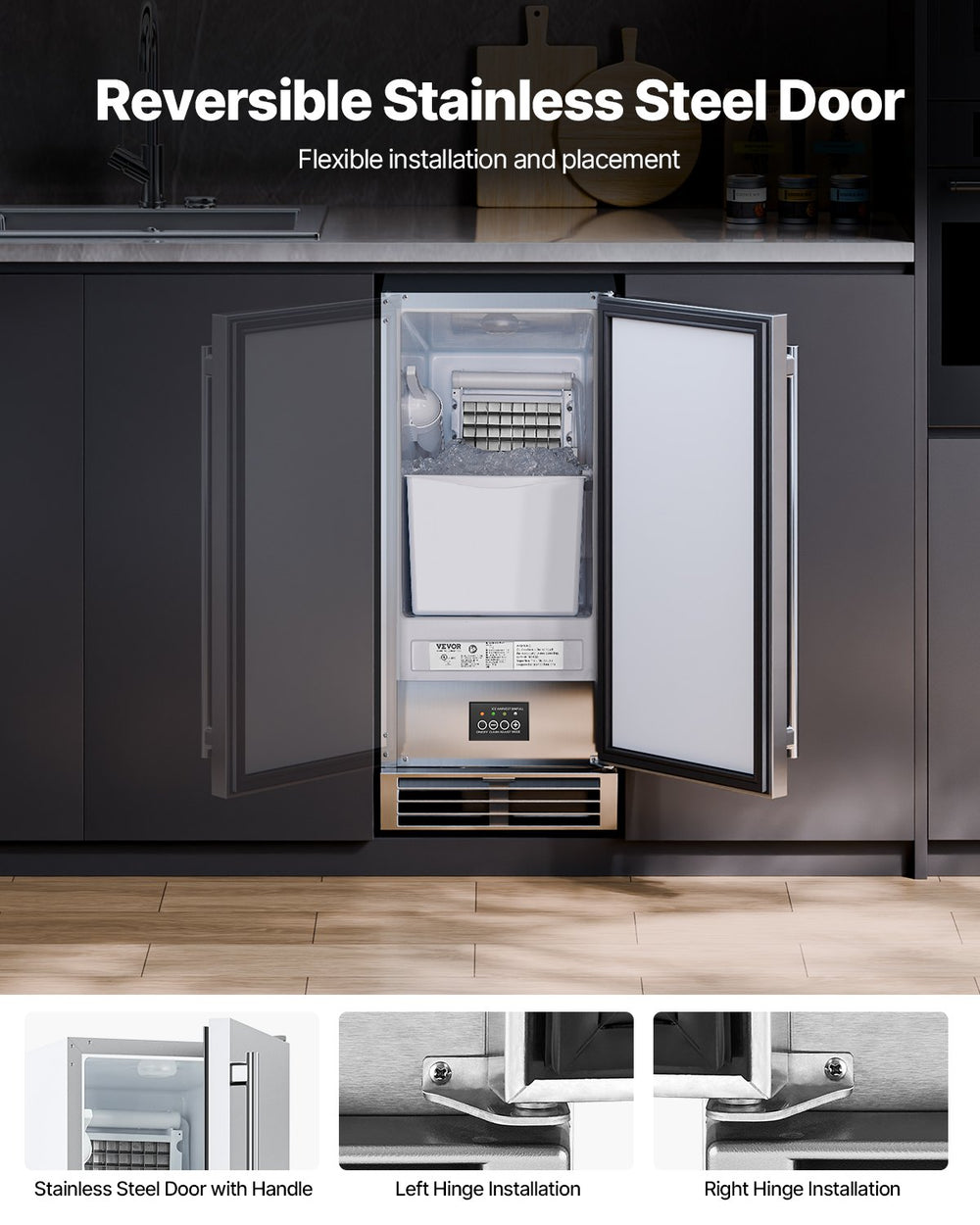 Vevor Undercounter Ice Maker 50 Lbs/Day with Reversible Door Stainless Steel New