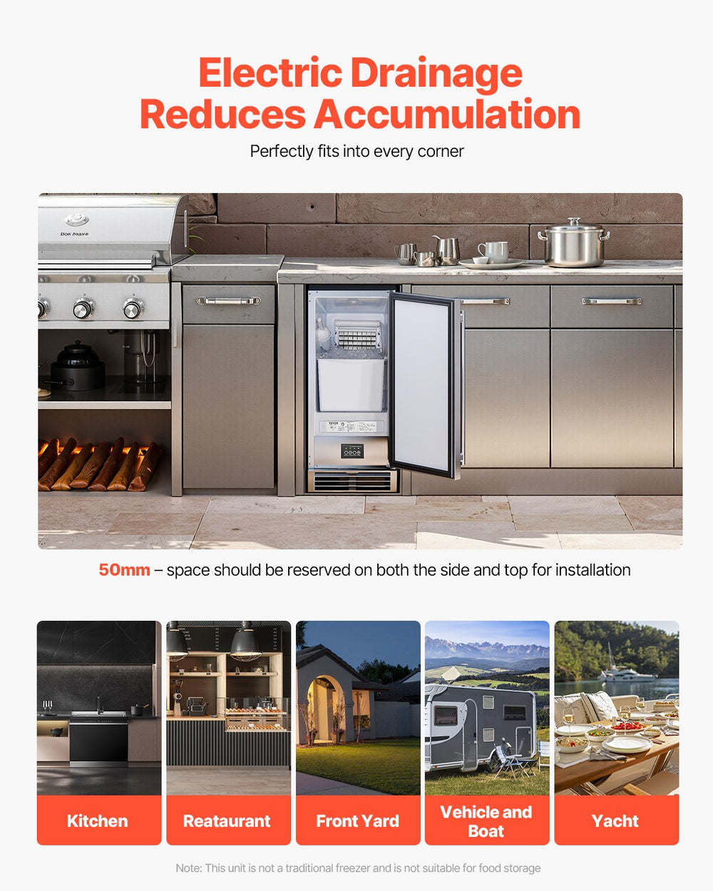 Vevor Undercounter Ice Maker 50 Lbs/Day with Reversible Door Stainless Steel New