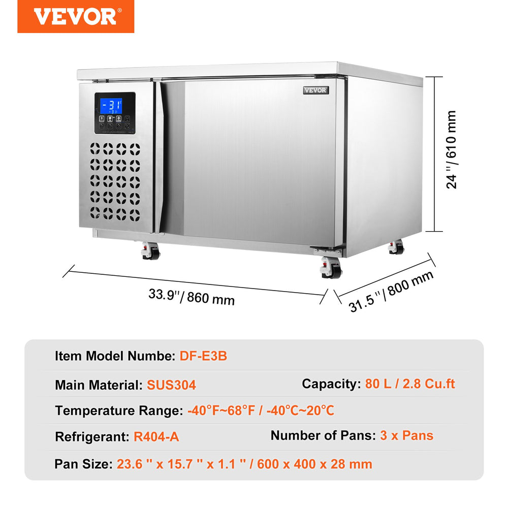 Vevor Commercial Blast Freezer with 3 Trays 80L Capacity New