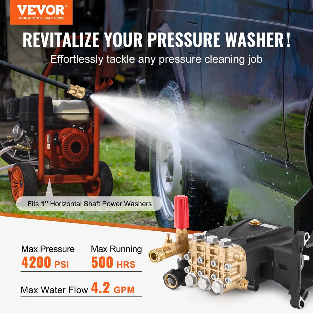 Vevor Pressure Washer Pump 1" Shaft Horizontal Triplex Plunger 4.2 GPM 4200 PSI New