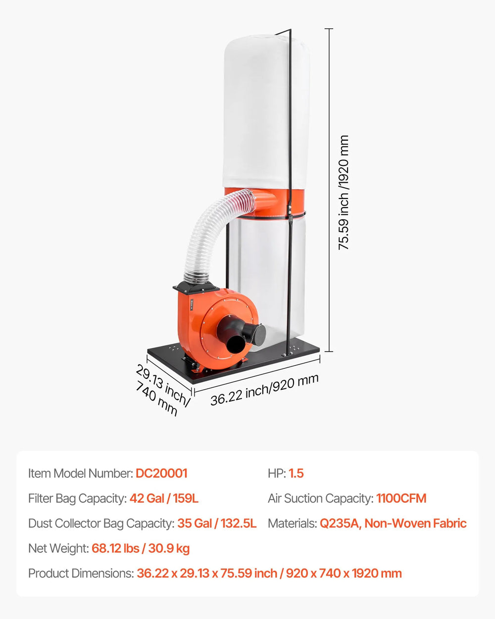 Vevor Dust Collector Vortex Cone with 35 Gal. Bag 1100 CFM 2.5 Micron New