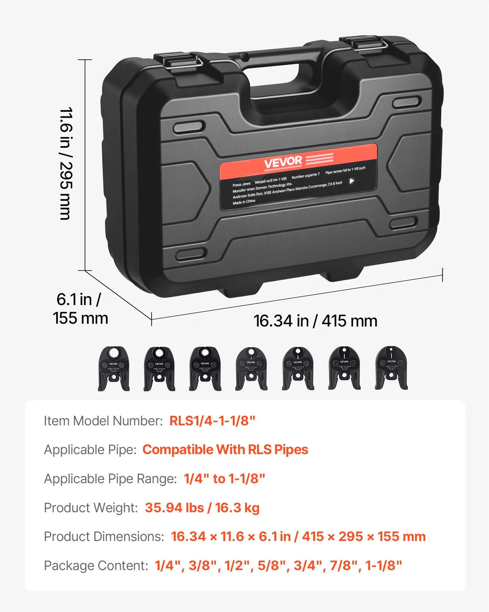 Vevor Pressing Jaws 7-Piece Kit 1/4" to 1-1/8" for RLS Copper Pipes New