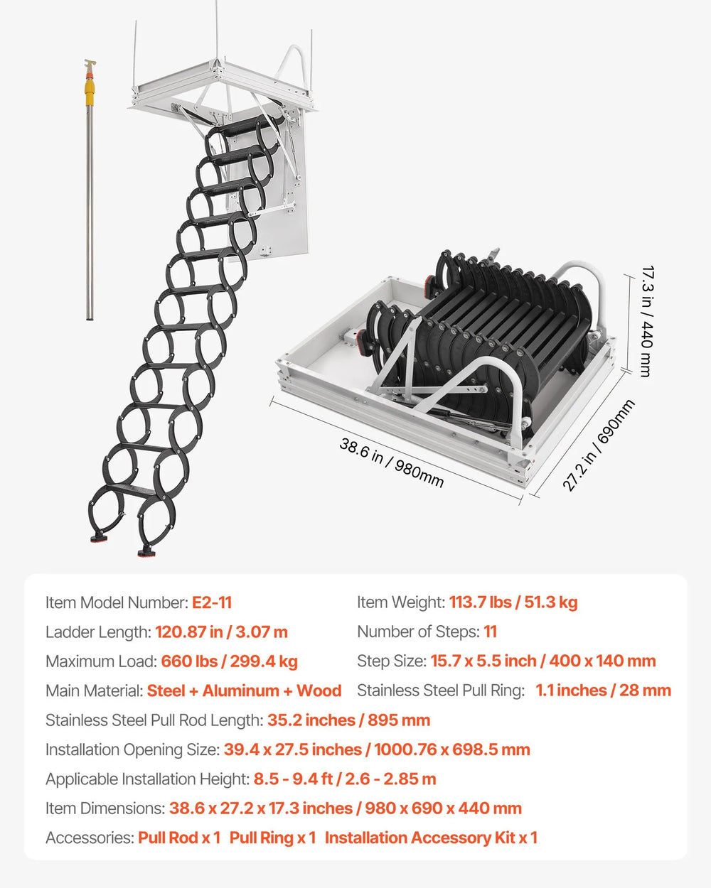 Vevor Attic Ladder 660 Lbs Capacity Alloy Steel Pull-Down Retractable for 8.5-9.4 Ft Ceilings New