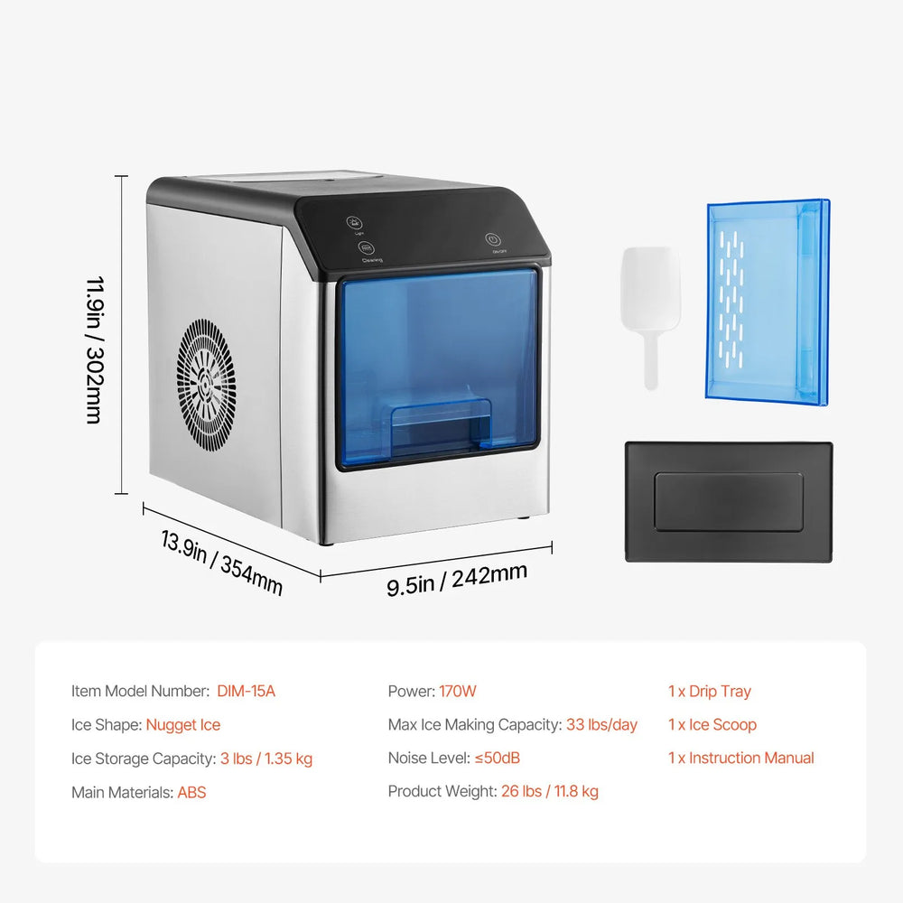 Vevor Countertop Nugget Ice Maker 33 Lbs/24H Self-Cleaning with Scoop 170W New