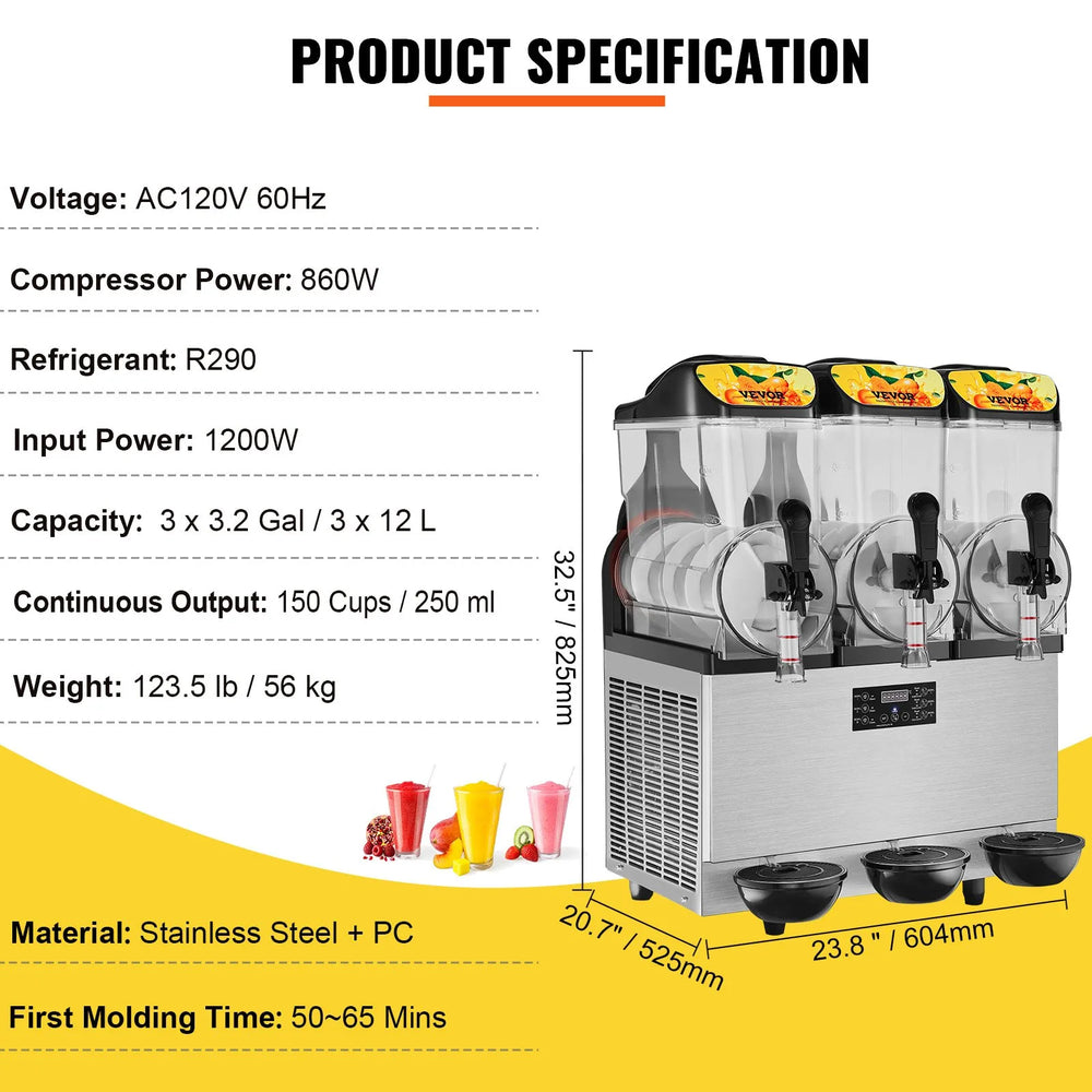 Vevor Commercial Slushy Machine Triple Tank 9.6 Gal Capacity Stainless Steel 860W New
