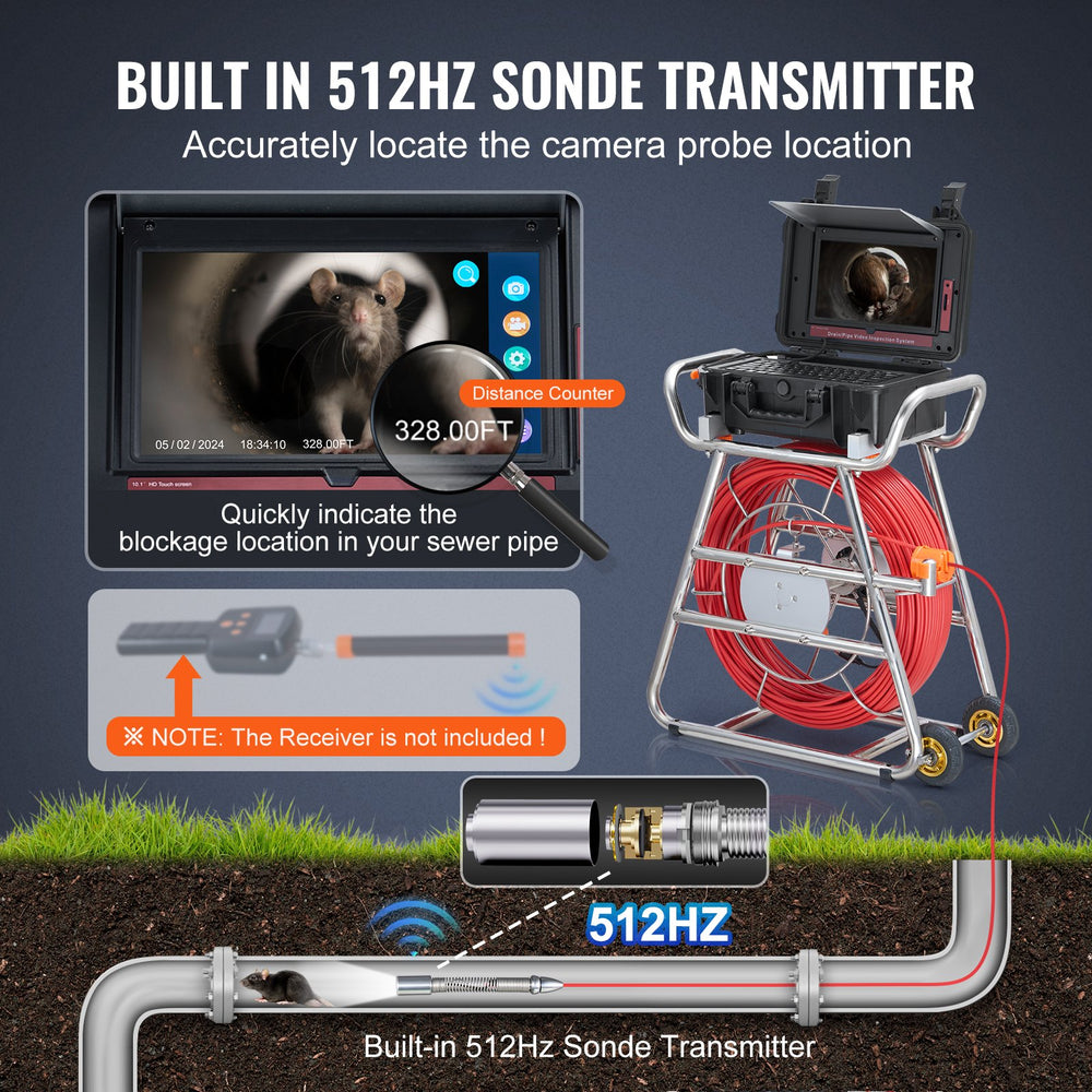 Vevor Sewer Camera 328 Ft. Self-Leveling Built-in 512Hz Transmitter with 10" Touchscreen New