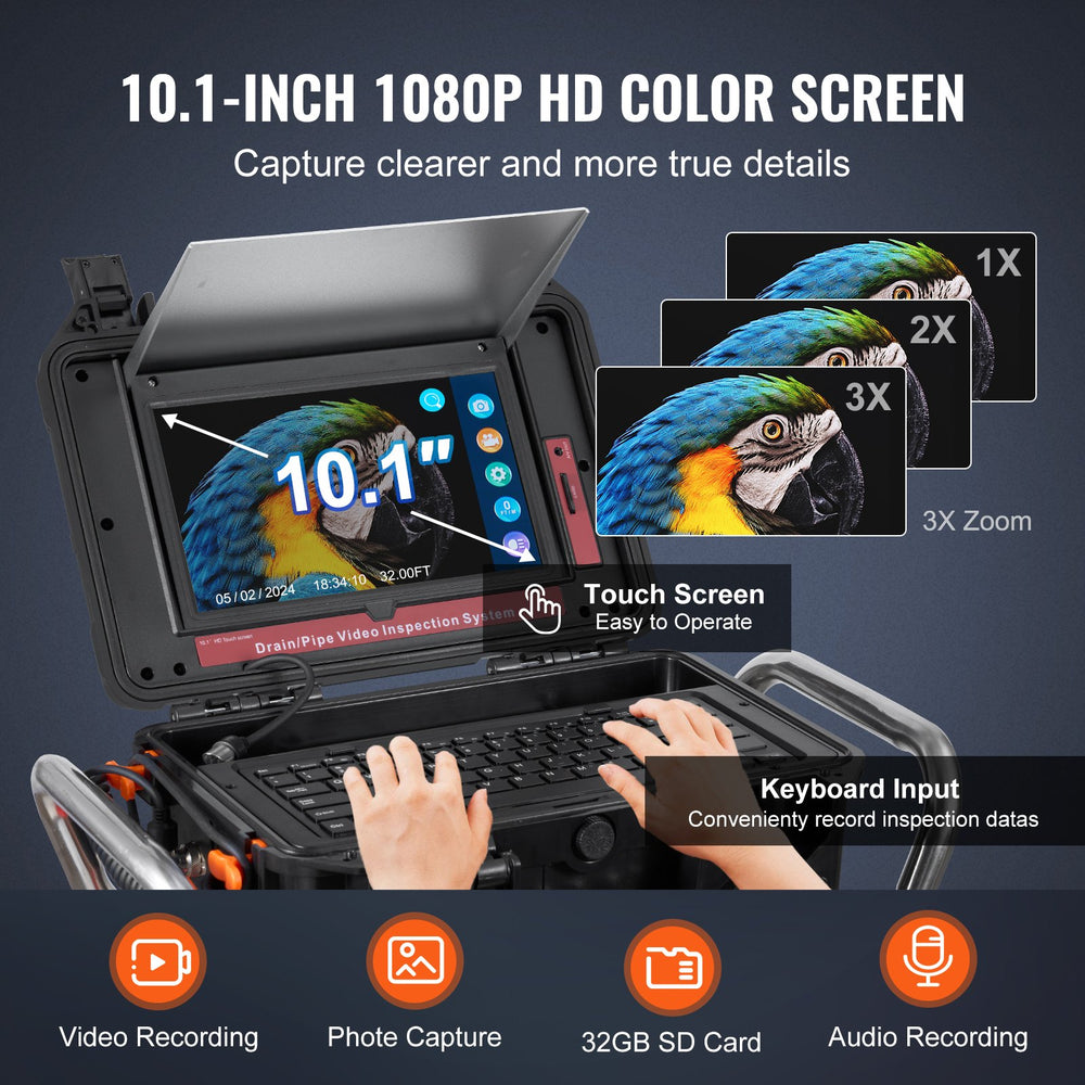 Vevor Sewer Camera 328 Ft. Self-Leveling Built-in 512Hz Transmitter with 10" Touchscreen New