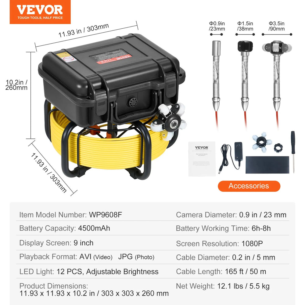 Vevor Sewer Camera 165 ft. Self-Leveling with 9" Screen 1080P HD 36x Zoom New