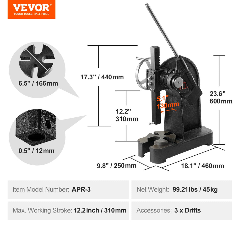 Vevor Arbor Press 3 Ton Ratchet Type with Handwheel 12.2" Max Height New