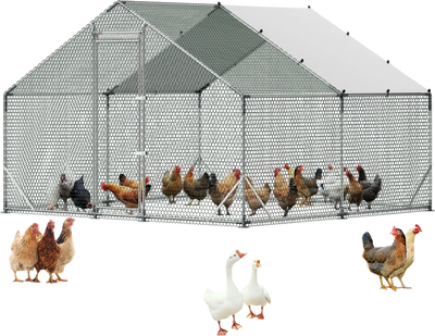 Vevor Metal Chicken Coop 9.8 x 9.8 x 6.6 ft. Walk-in with Waterproof Cover Spire Roof New