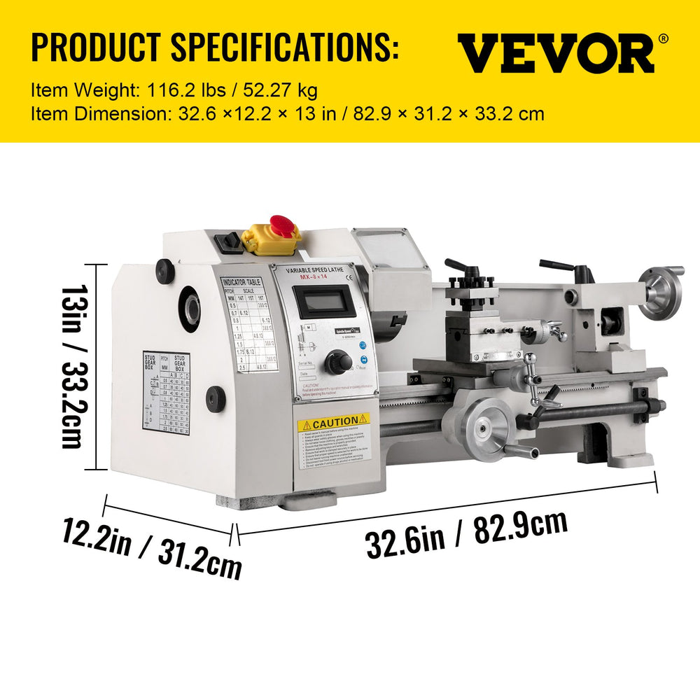 Vevor Mini Lathe 8" x 14" Metal Milling Variable Speed 2250 RPM 650W New