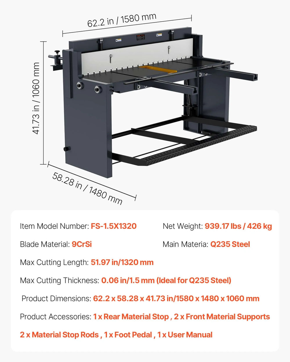Vevor Sheet Metal Shear 52" Manual Foot Stomp with Adjustable Blade Gap New