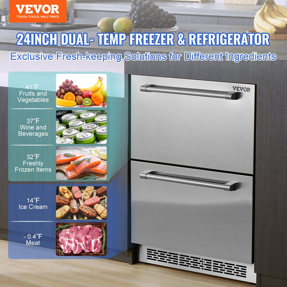 Vevor Undercounter Refrigerator 24 inch with Double Drawer Different Temperatures 5.12 Cu.Ft. Capacity New