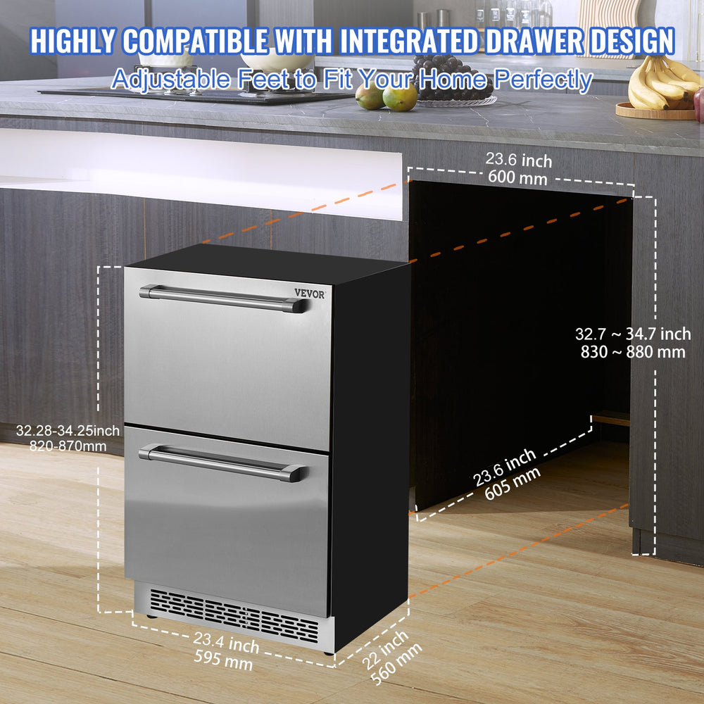 Vevor Undercounter Refrigerator 24 inch with Double Drawer Different Temperatures 5.12 Cu.Ft. Capacity New