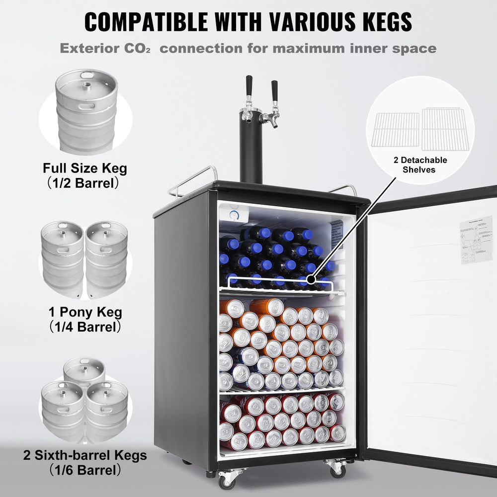 Vevor Beer Kegerator Dual Tap Draft Beer Dispenser Full Size Keg CO2 Cylinder 32-50°F Temperature Control Black New