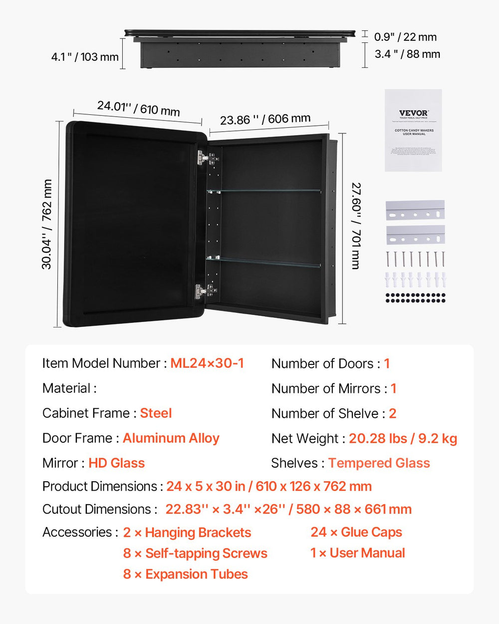 Vevor Mirror Medicine Cabinet 24" x 30" with Adjustable Shelves New