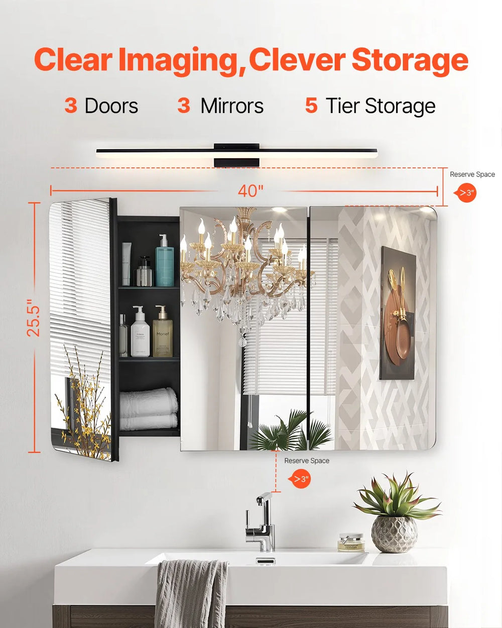 Vevor Mirror Medicine Cabinet 25.5" x 40" with Adjustable Shelves New
