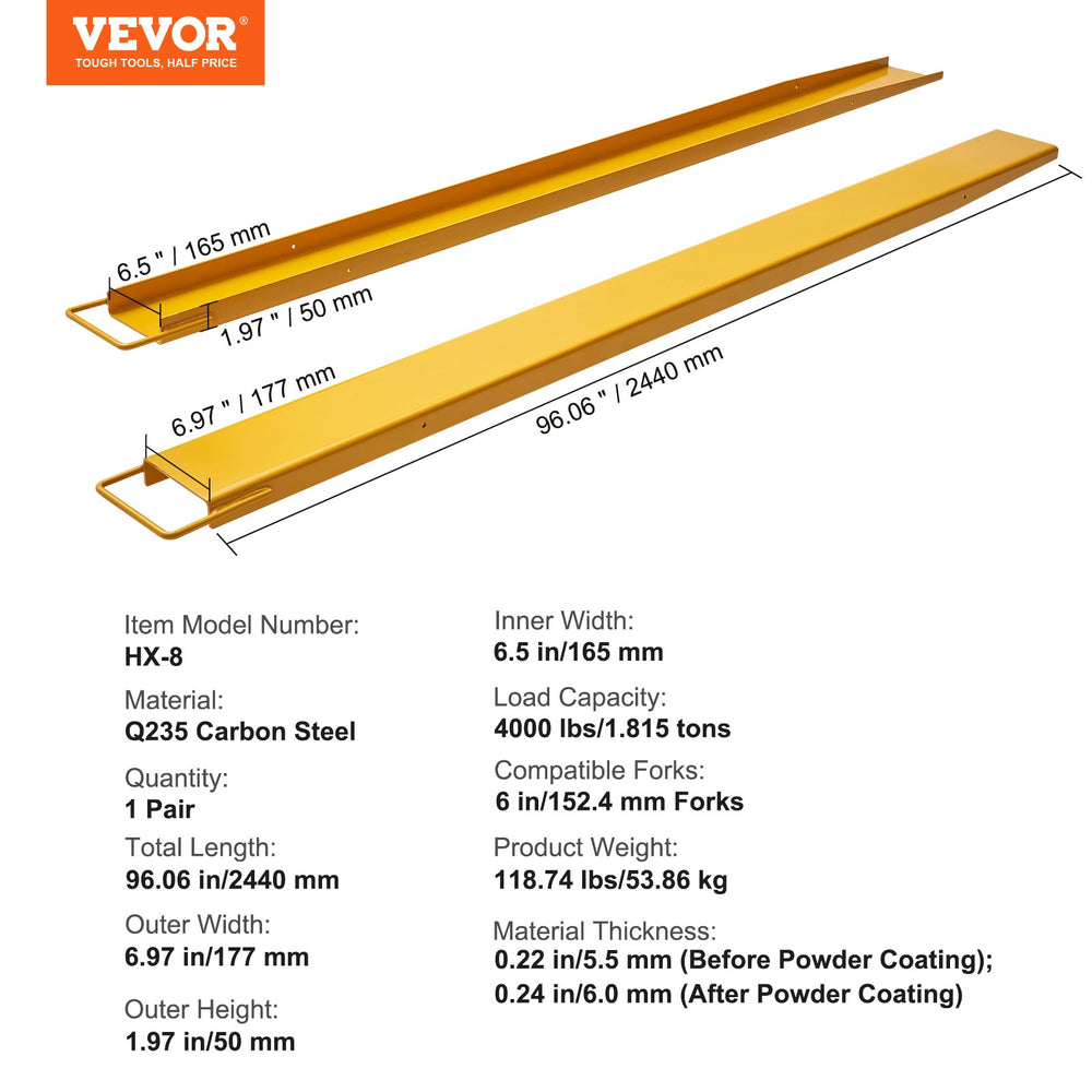 Vevor Pallet Fork Extensions 96" Length 6.5" Width Heavy Duty Carbon Steel New