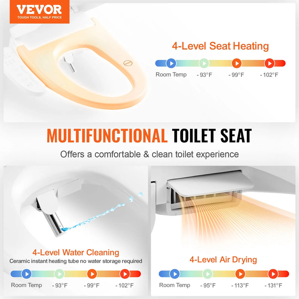 Vevor Elongated Bidet Toilet Seat Electric with Smart Heating Side Arm Control New