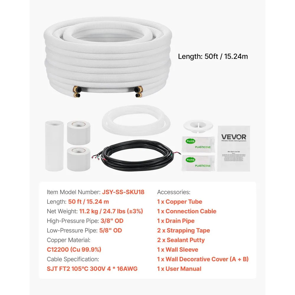 Vevor Mini Split Line Set 50 ft. Copper Tubing Pipe 3/8" and 5/8" Insulated New