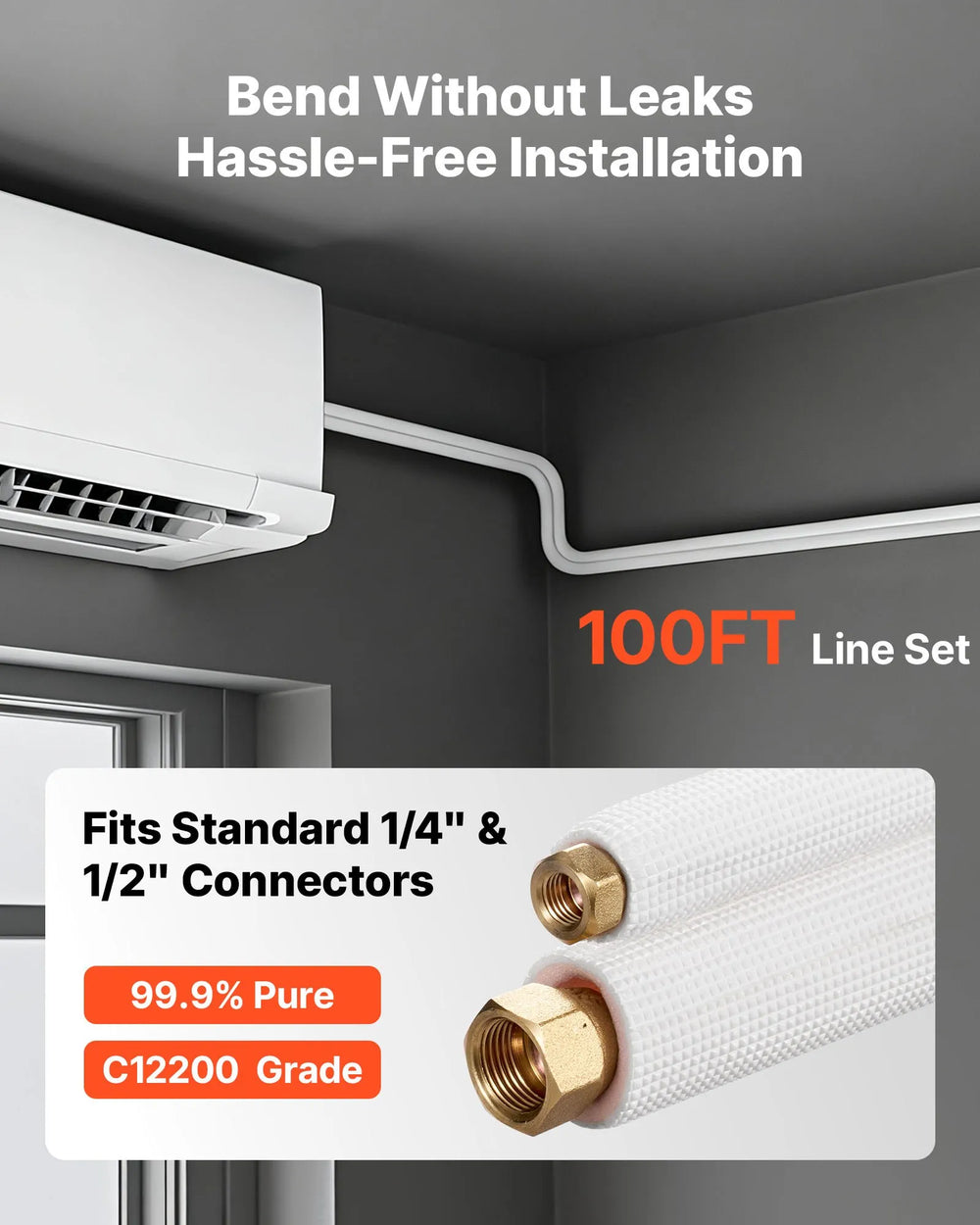 Vevor Mini Split Line Set 100 ft. 1/4" and 1/2" OD Copper Tubing Insulated with Flared Nuts New