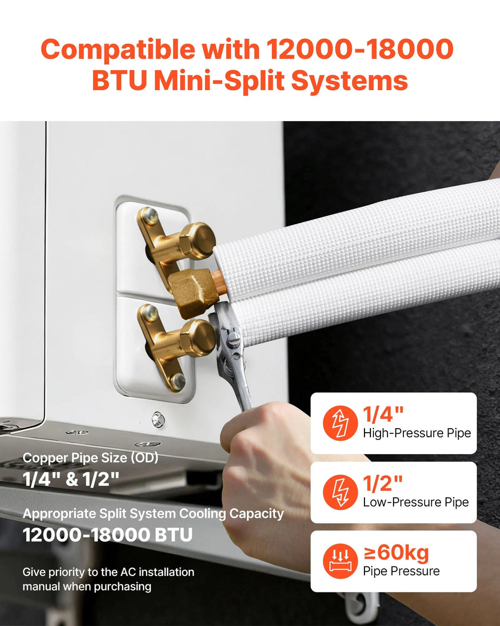 Vevor Mini Split Line Set 100 ft. 1/4" and 1/2" OD Copper Tubing Insulated with Flared Nuts New