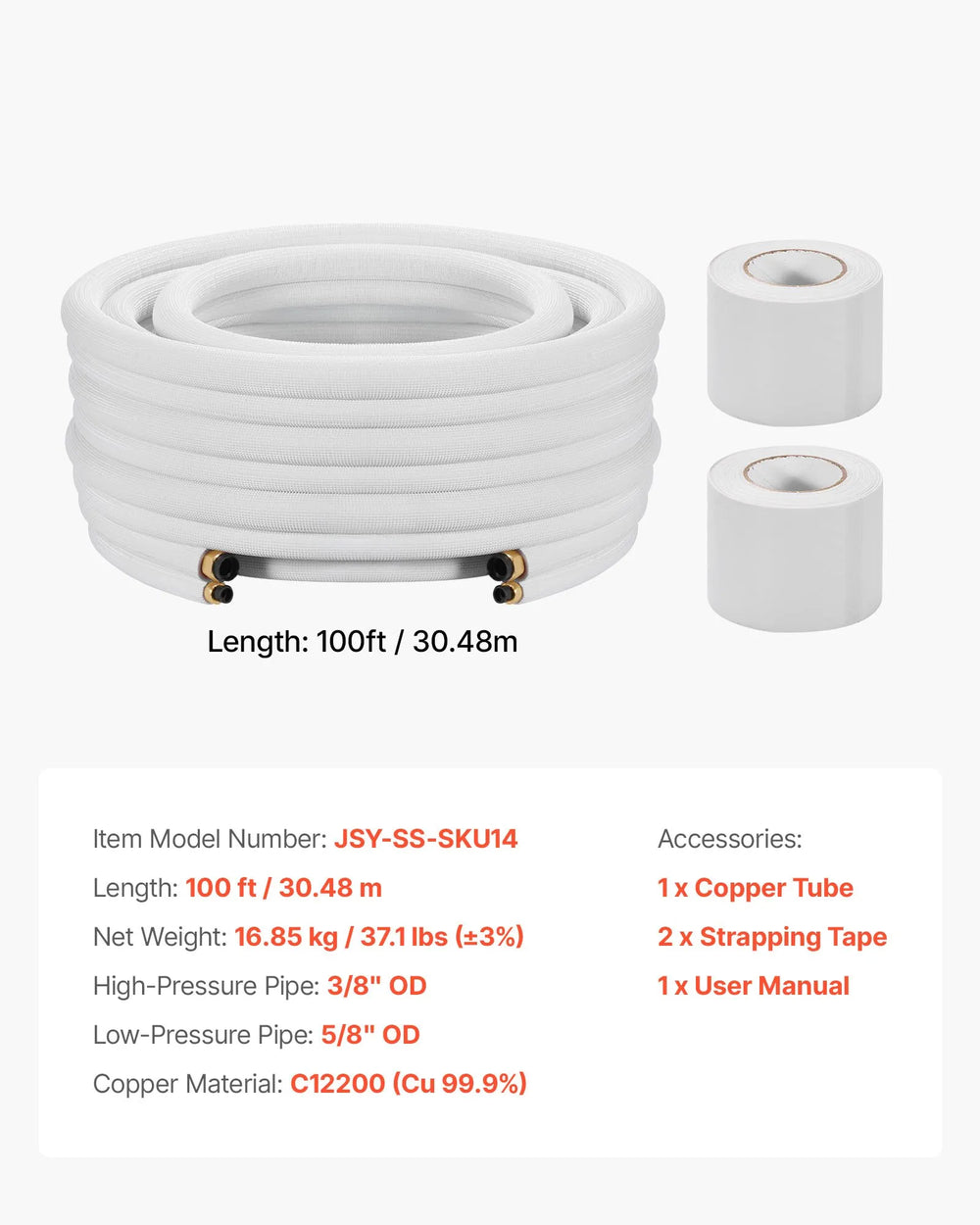 Vevor Mini Split Line Set 100 ft. 3/8" and 5/8" Insulated Copper Tubing New