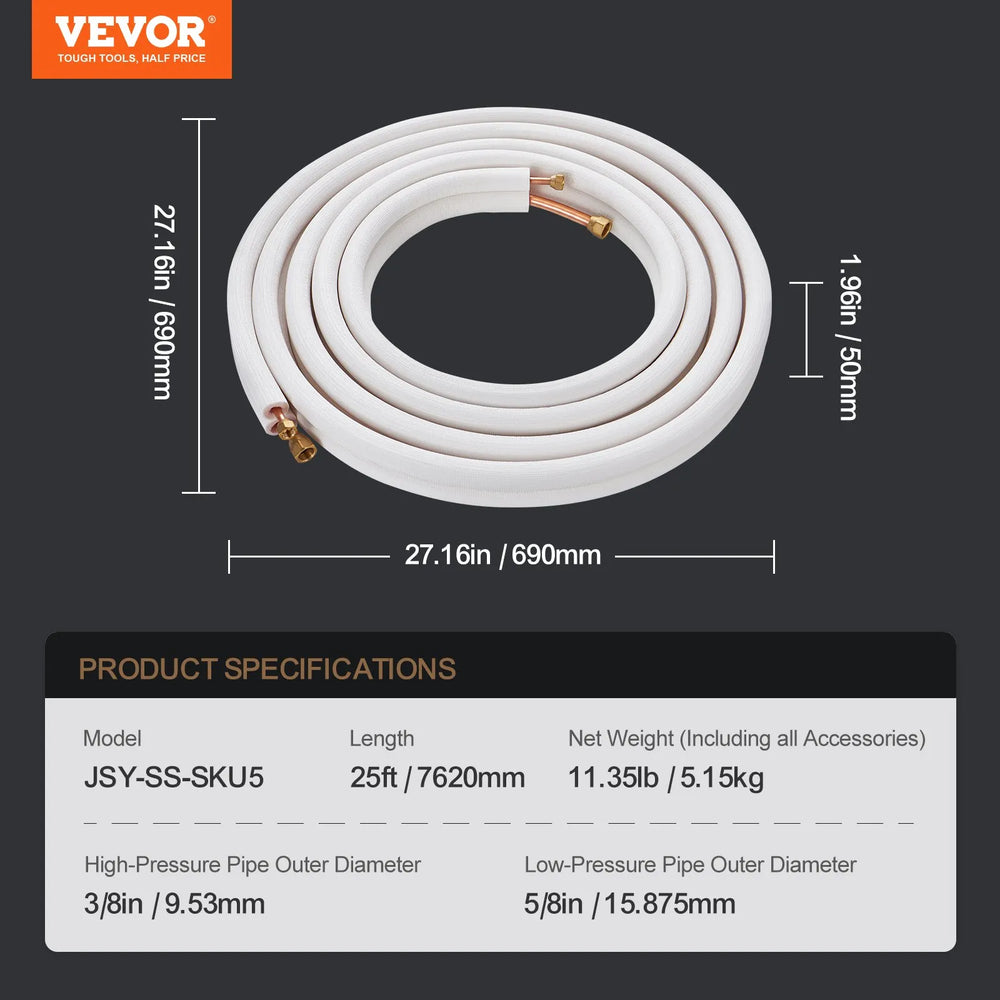 Vevor Mini Split Line Set 25' with 3/8" & 5/8" Copper Pipes Triple-Layer Insulation New
