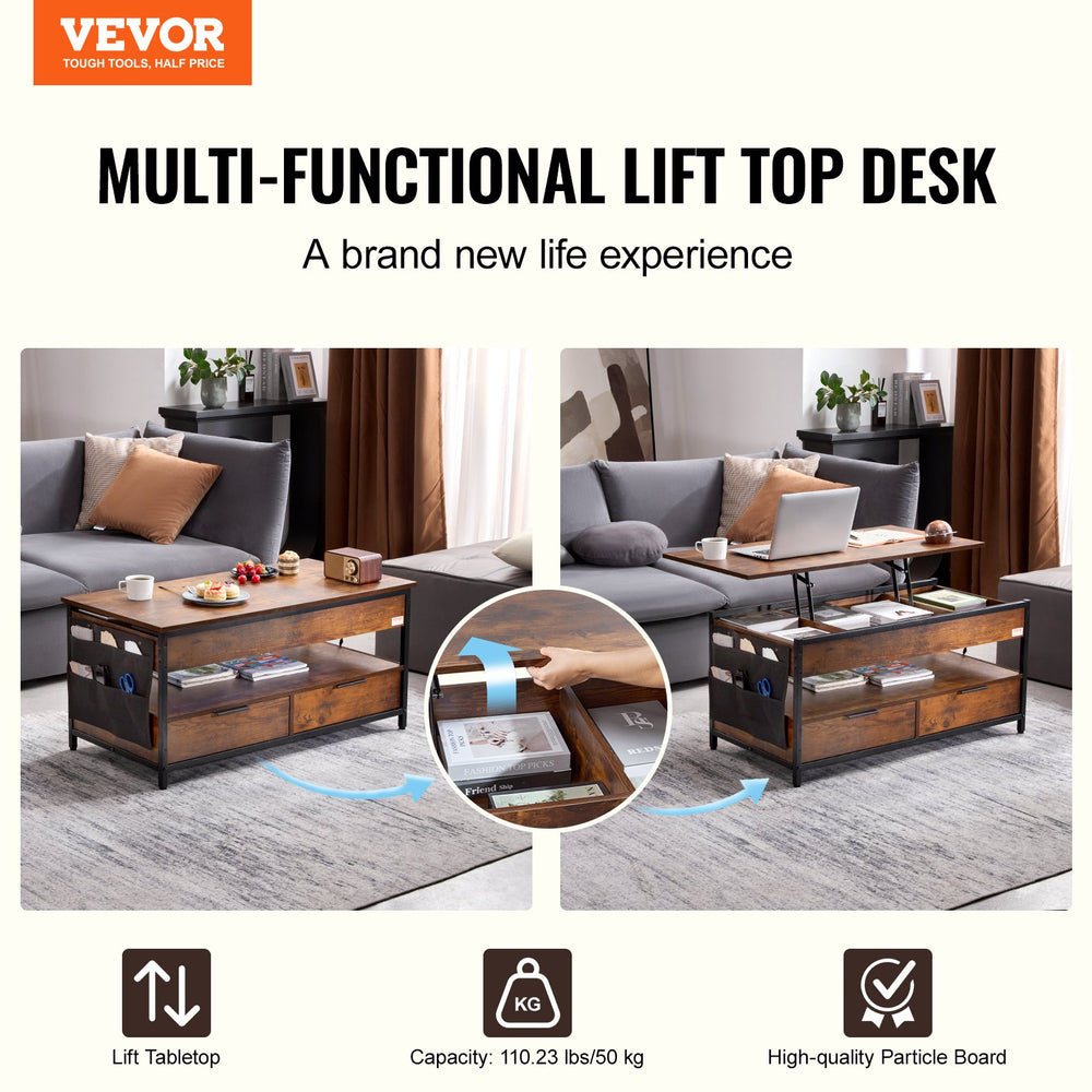 Vevor Lift Top Coffee Table 39.4" with Light and USB Power Panel New