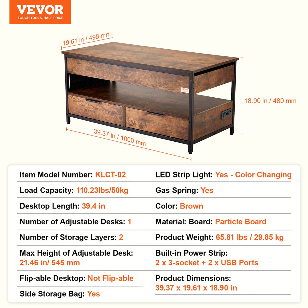 Vevor Lift Top Coffee Table 39.4" with Light and USB Power Panel New