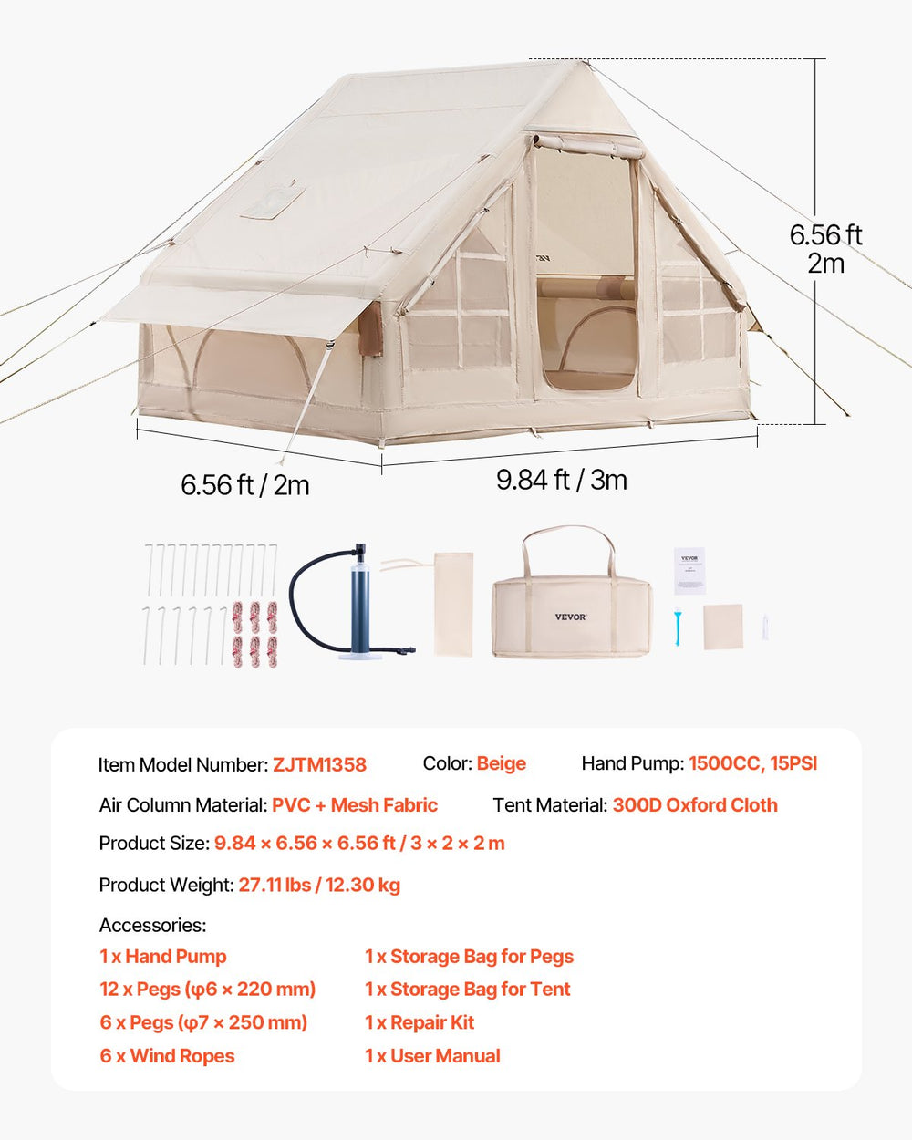 Vevor Inflatable Camping Tent 9.8 x 6.5 Ft with Pump 3-5 Person Capacity New