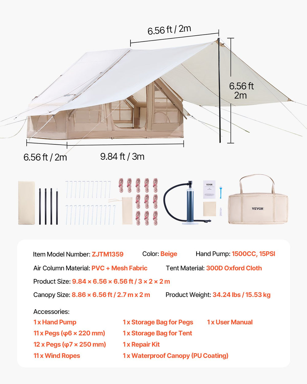 tent sizes and capacity Vevor Inflatable Camping Tent 9.8 x 6.5 Ft with Canopy 3-5 Person Capa – FactoryPure
