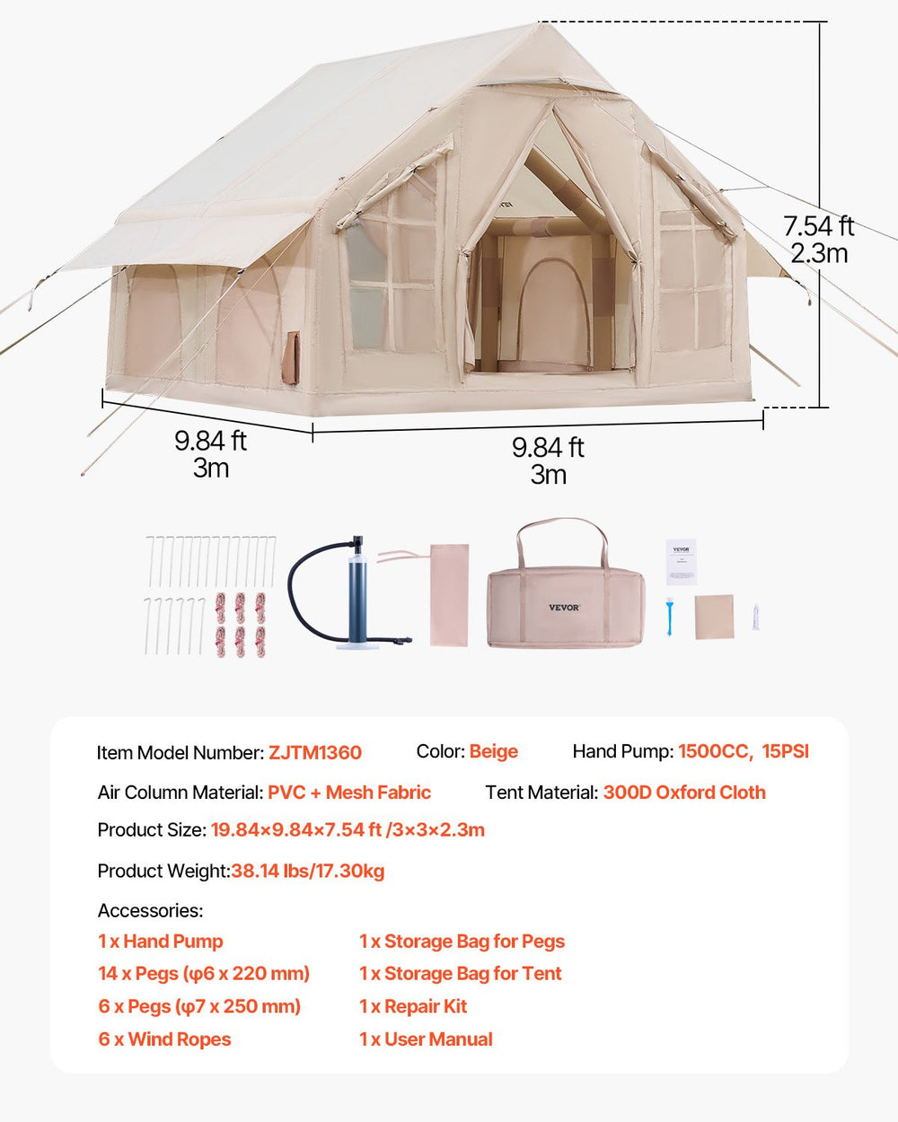 VEVOR Inflatable Tents for Camping 4-6 Person Easy Setup Blow up Tent with Hand Pump 300D Oxford 4 Season Glamping Tent with Stove Jack 2 Doors & 4