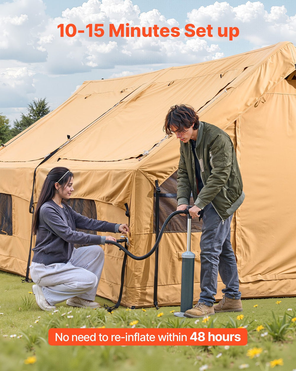 VEVOR Inflatable Tents for Camping 5-8 Person Easy Setup Blow up Tent with Hand Pump Luxury Glamping Tent with 2 Skylights Canopy Stove Jack 2 Doors