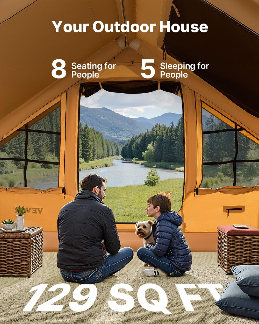 VEVOR Inflatable Tents for Camping 5-8 Person Easy Setup Blow up Tent with Hand Pump Luxury Glamping Tent with 2 Skylights Canopy Stove Jack 2 Doors