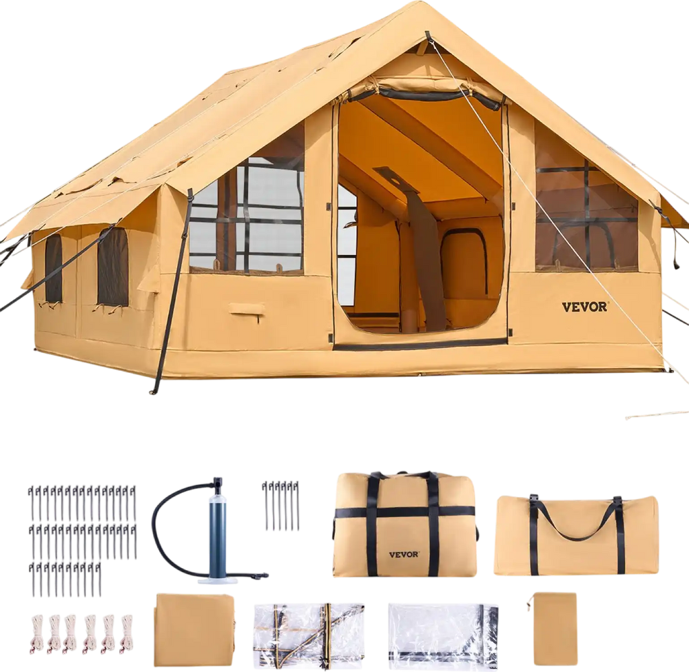 VEVOR Inflatable Tents for Camping 5-8 Person Easy Setup Blow up Tent with Hand Pump Luxury Glamping Tent with 2 Skylights Canopy Stove Jack 2 Doors