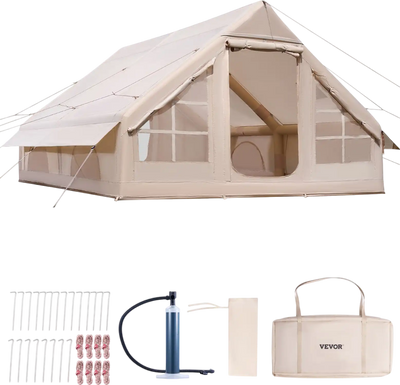 inflatable large tent VEVOR Inflatable Camping Tent 5-8 Person Easy Setup Blow-up Tent with Hand Pump 300d Oxford Fabric Stove Jack 2 Doors 4 Mesh Windows