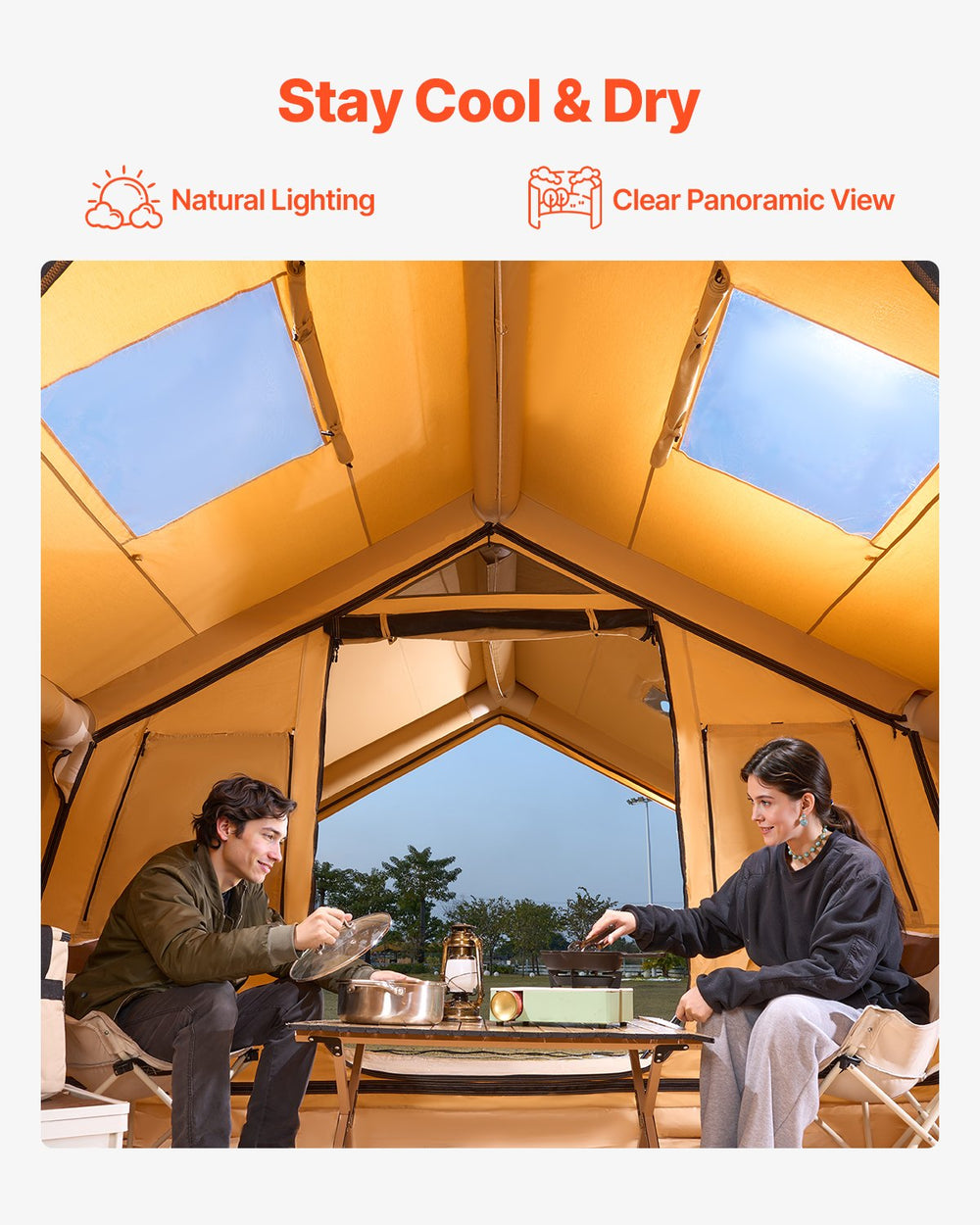 VEVOR Inflatable Tents for Camping 8-12 Person Easy Setup Blow up Tent with Hand Pump 4 Season Luxury Glamping Tent with 2 Skylights Canopy Stove