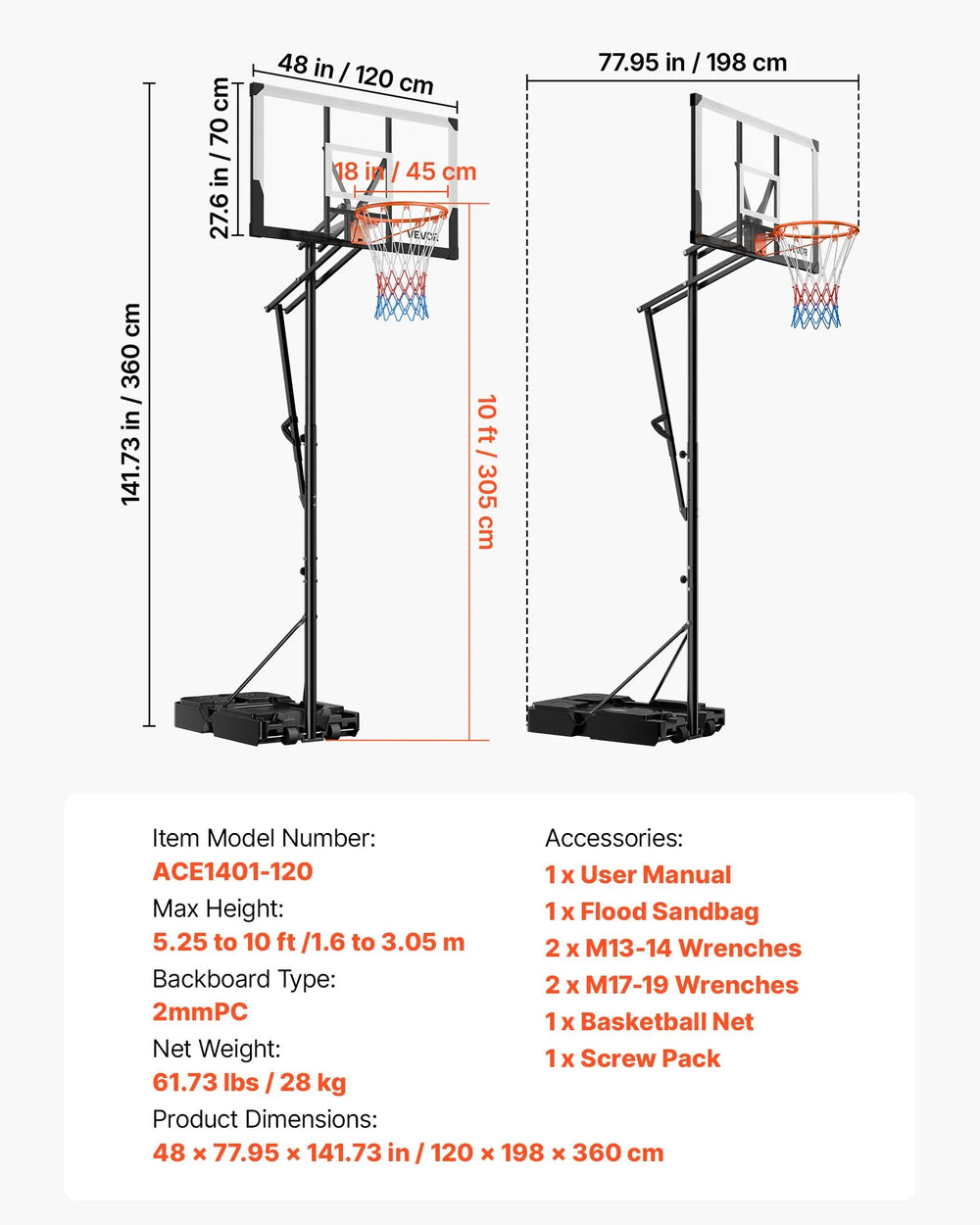 Vevor Portable Basketball Hoop 10' Adjustable Height 48" Backboard New
