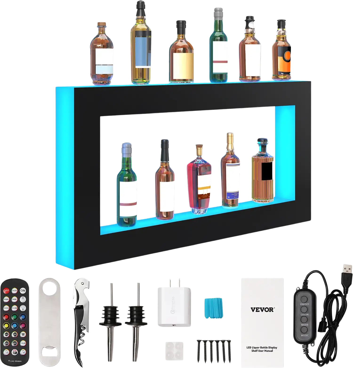 Vevor LED Lighted Liquor Bottle Display Bar Shelf with App Control 48