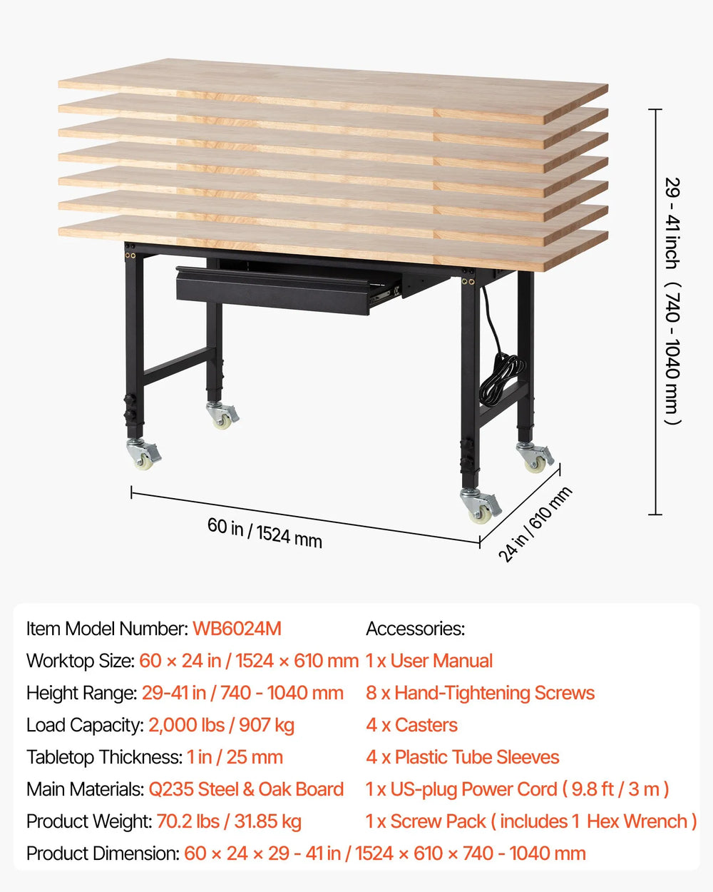 Vevor Workbench on Wheels 60 x 24 in. Oak Top with Drawer Power Outlets New