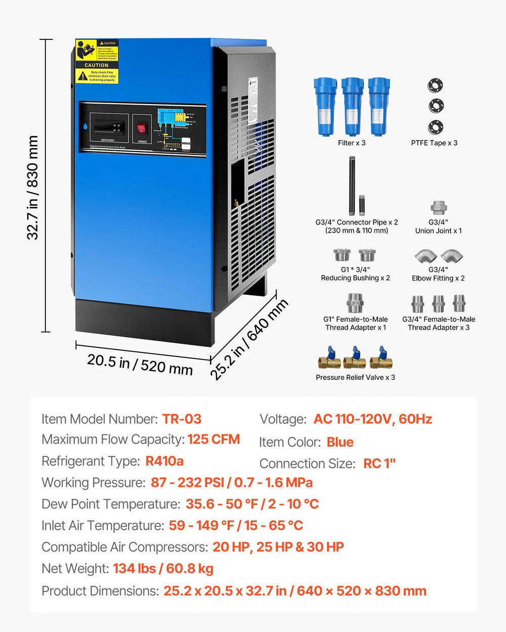 Vevor Compressed Air Dryer Refrigerated 125 CFM Automatic Drainage 110/120V New