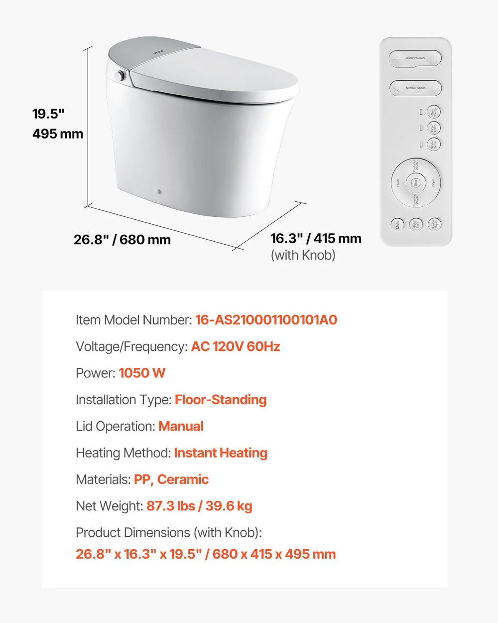 Vevor Smart Toilet Elongated Auto Freshening with Heated Seat Remote Control New