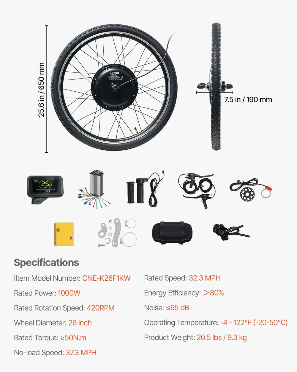 Vevor Electric Bike Conversion Kit 26" Front Wheel Hub Motor 48V 1000W 420 RPM New