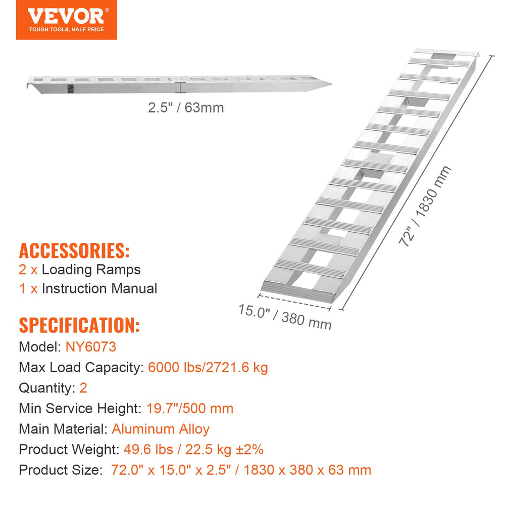 Vevor Aluminum Loading Ramps 72" x 15" 6000 Lbs Load Capacity New