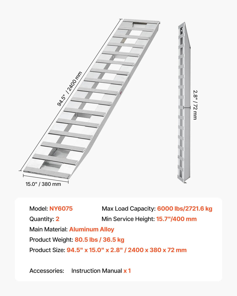 Vevor Loading Ramp Set 94" x 15" Aluminum with Anti-Slip Plates 6000 lbs Load New