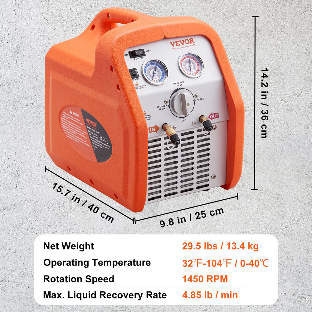 Vevor Refrigerant Recovery Machine Portable 3/4 HP with High Pressure Protection 120V New