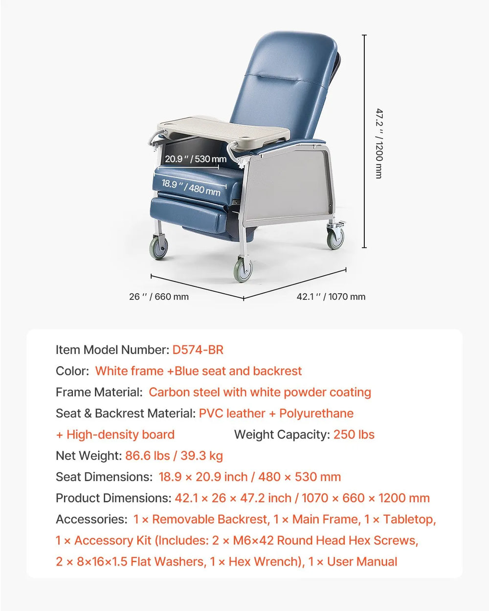 Vevor Medical Recliner Chair 3-Position with Detachable Tray New