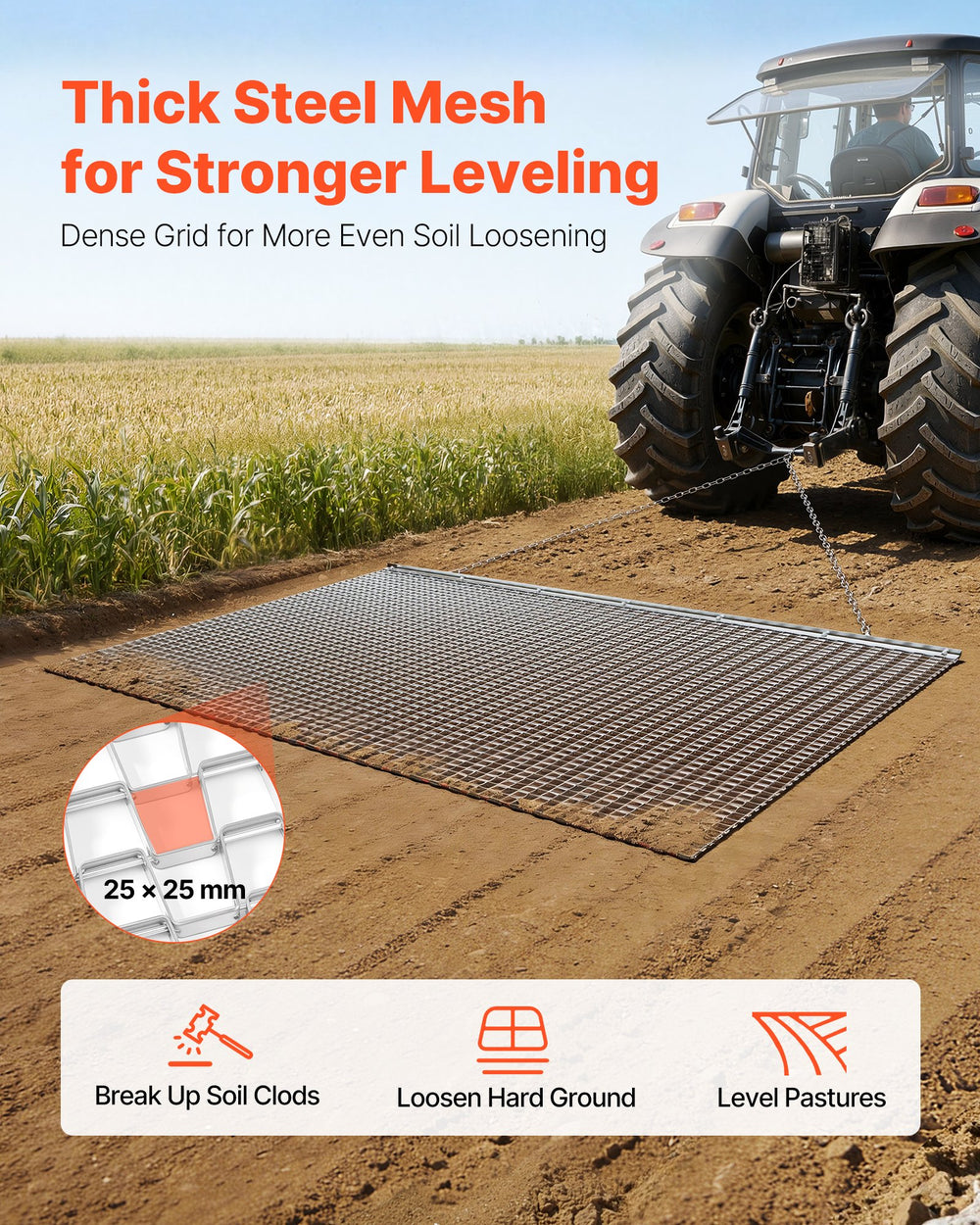 Vevor Drag Harrow 6.6 x 4 ft. Galvanized Steel Mesh with Towing Chain New
